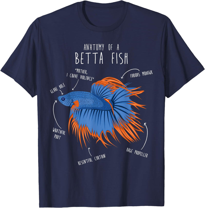 Cool Dog Gifts Betta Fish Siamese Fighting Fish Anatomy, Funny Aquarium Pet T-Shirt - Navy Blue