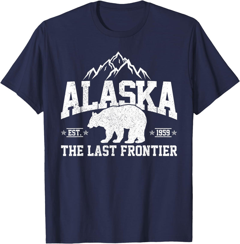 We Love Alaska - T-Shirts & Souvenirs Alaska The Last Frontier EST 1959 Grizzly Bear Mountains T-Shirt - Navy Blue