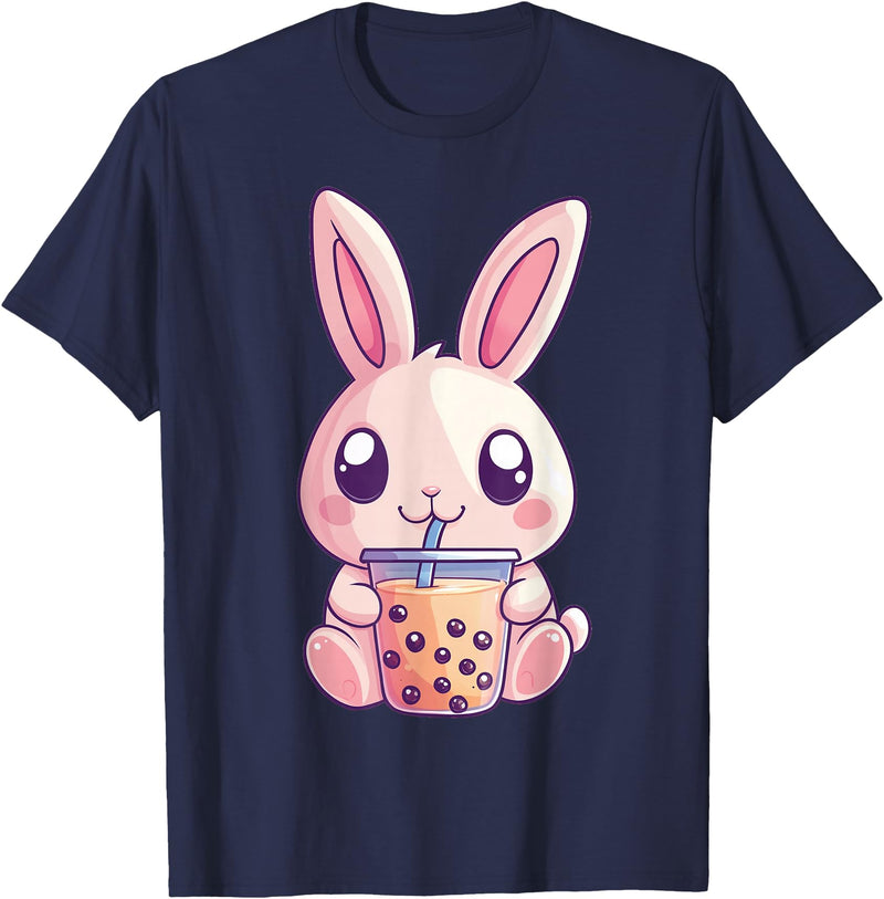 Kawaii Bunny Rabbit Boba Tea Anime Cute Easter Graphic T-Shirt in Navy Blue