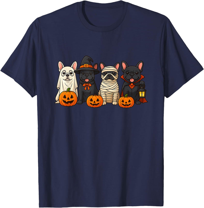 Ghost Bulldog Halloween French Mummy Dog Lover French Bulldog Ghost Witch Pumpkins Halloween Dog Costume T-Shirt - Navy Blue