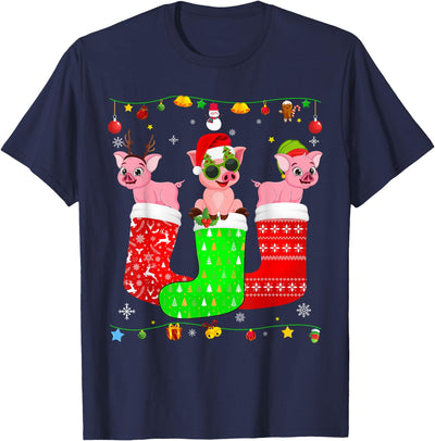 Three Pig In Christmas Socks Matching Xmas Pajama T-Shirt