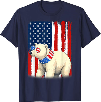 Polar Bear US America Flag Men Women 4th of July Patriotic T-Shirt