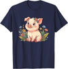 Cute Farm Piglet With Wildflowers Pastel Kawaii Baby Pig Surrounded by Colorful Flowers T-Shirt - Navy Blue