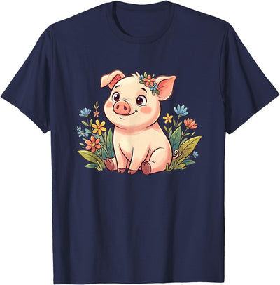 Kawaii Baby Pig Surrounded by Colorful Flowers T-Shirt