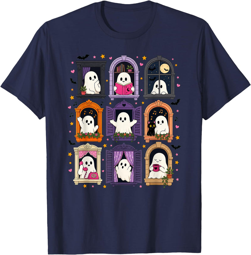 Cozy Spooky Aesthetic And Halloween Vibes Cute Halloween Kawaii Ghosts Spooky Season Costumes Fall T-Shirt - Navy Blue