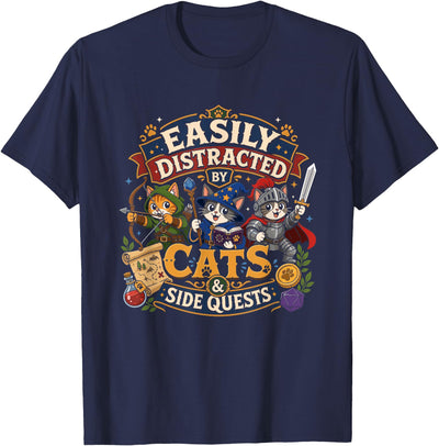 Cat Lover Designs for Gamers Fantasy RPG Gamer Easily Distracted By Cats & Side Quests T-Shirt