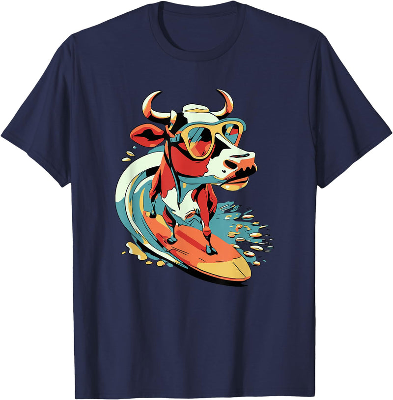 Surfing Cow Catching a Wave Surfer Design Co. Surfing Cow Catching a Wave Farmer Surfer Surf Time T-Shirt - Navy Blue