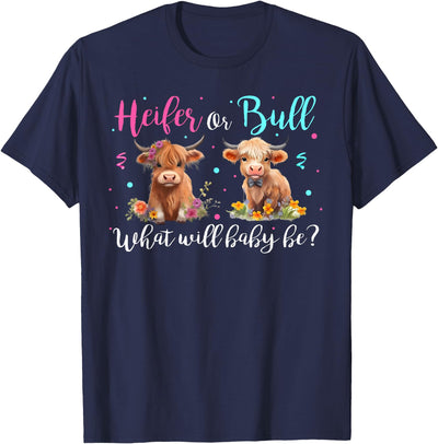 Highland Cow Print Heifer or Bull Gender Reveal Baby Shower T-Shirt