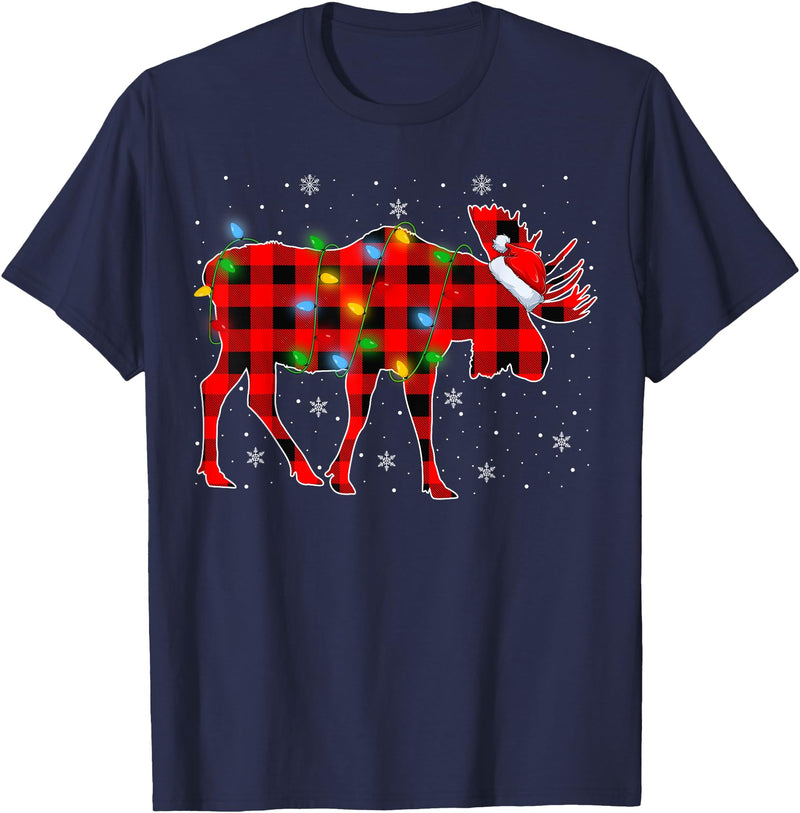 Buffalo Plaid Moose Christmas Gifts Moose Xmas Lighting Buffalo Plaid Moose Christmas Pajama T-Shirt - Navy Blue