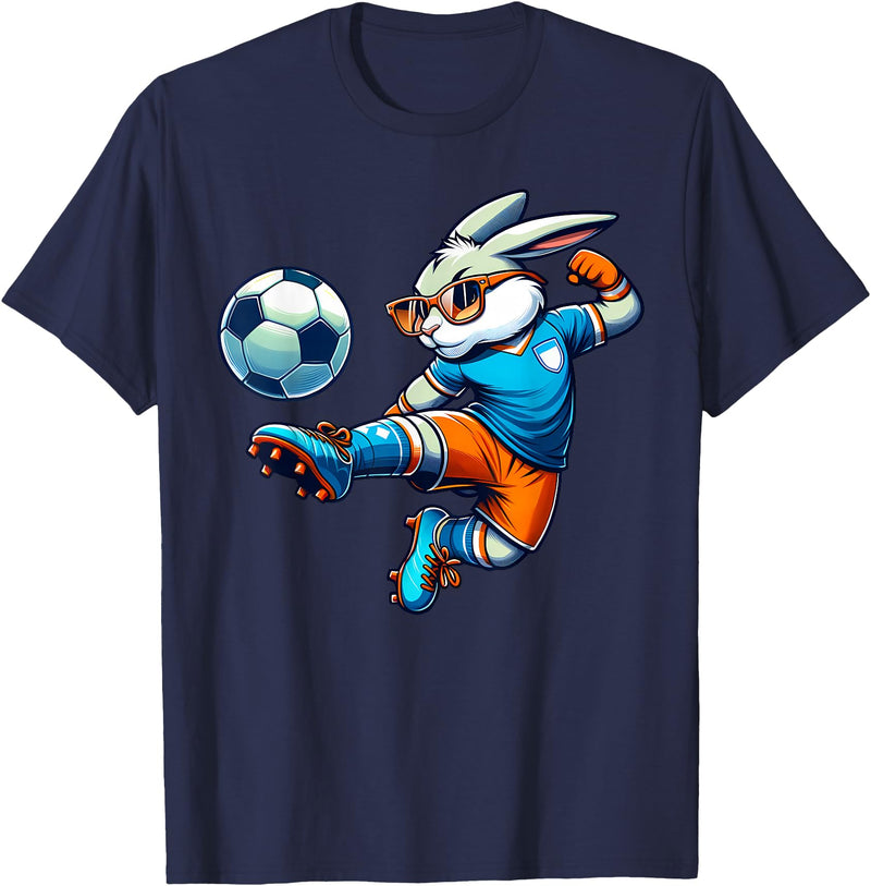 Happy Easter Bunny Soccer Player Lover Sport Rabbit T-Shirt in Navy Blue