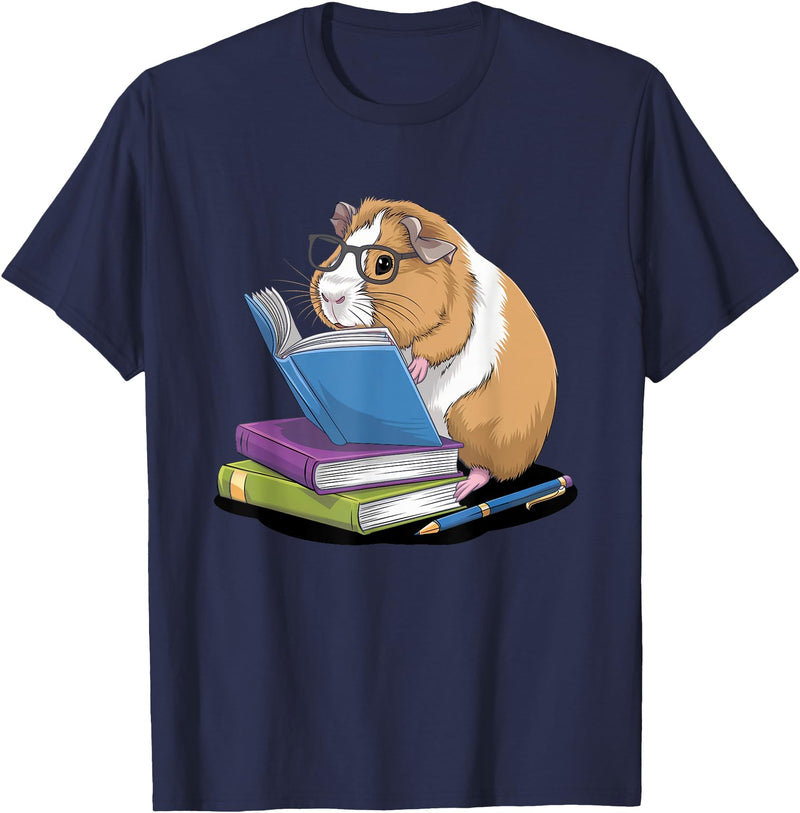 Guinea Pig Reading Books Reader Tee Guinea Pig Reading Books Bookworm Pet Lover Reader Librarian T-Shirt - Navy Blue