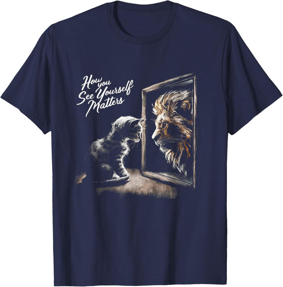 How You See Yourself Matters Funny Lion & Kitten Mirror T-Shirt - Navy Blue