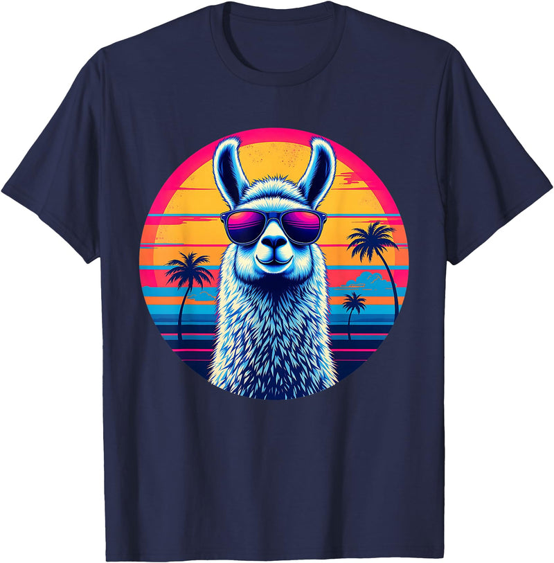 Llama Alpaca Vintage Art Co. Llama Alpaca Retro 80s Style T-Shirt - Navy Blue