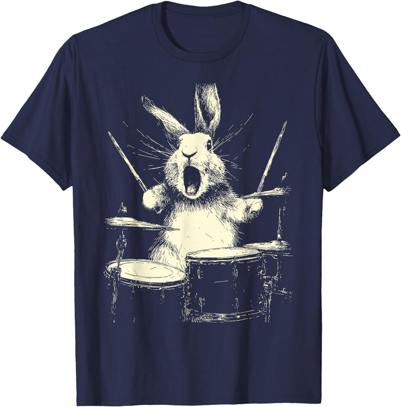 Cute Rabbit Playing Drums Funny Music Animal Drummer Graphic T-Shirt in Navy Blue