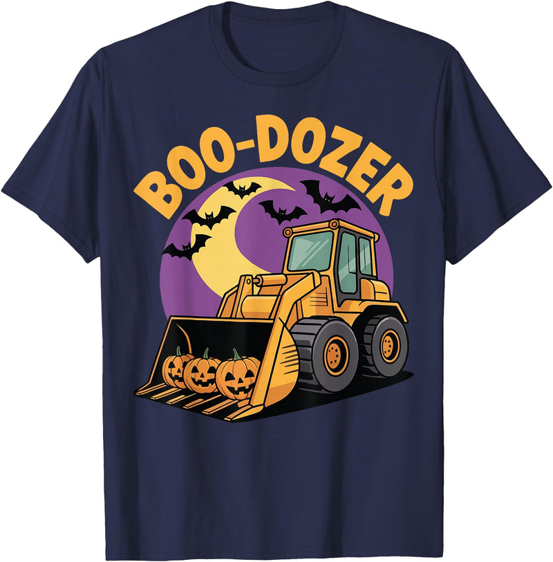 Bulldozer Halloween Costume Toddler Spooky Ghost Boo-Dozer Halloween Kids Bulldozer T-Shirt - Navy Blue