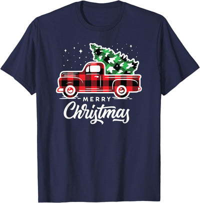 Merry Christmas Pjs Buffalo Plaid Red Truck Christmas Tree T-Shirt