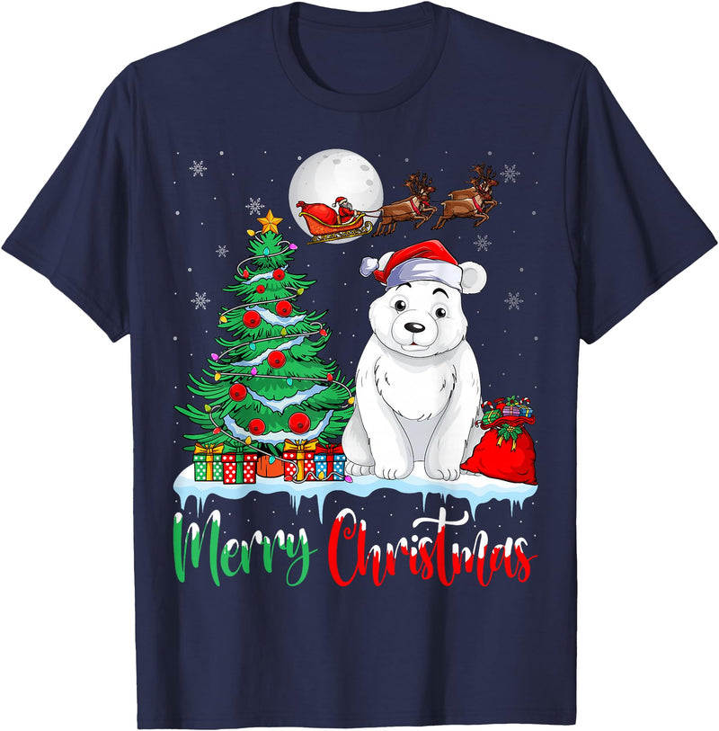 Polar Bear Lover Christmas Gifts T Shirts Polar Bear Wearing Santa Hat Xmas Merry Christmas Polar Bear T-Shirt - Navy Blue