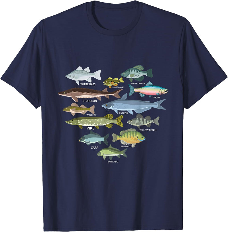 Types Of Freshwater Fish lover identification gift freshwater fish identification heart shape Species Fishing T-Shirt - Navy Blue