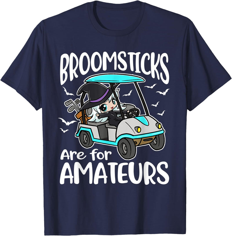Broomsticks Are For Amateurs Golf Cart Halloween T-Shirt - Navy Blue