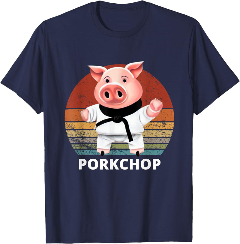 Animals Puns Pig Karate Pork Chop Pun T-Shirt - Navy Blue