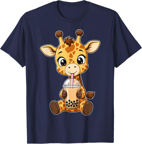 Giraffe Boba Tea Kawaii Cute Graphic T-Shirt - Navy Blue