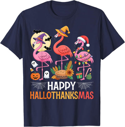Hallothanksmas Flamingo Gifts Co. Happy Hallothanksmas Xmas Halloween Thanksgiving Flamingo T-Shirt