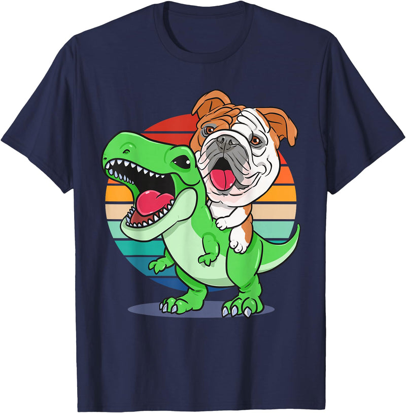 English Bulldog Funny Dinosaur Kids Mom Gift Tees Funny English Bulldog Riding Cute T-Rex Dinosaur Dog Mom T-Shirt - Navy