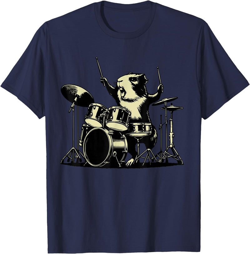 Retro Drummer Guinea Pig Lover Rock Design Guinea Pig Drummer Rock Drummer Guinea Pig Playing Drums T-Shirt - Navy Blue