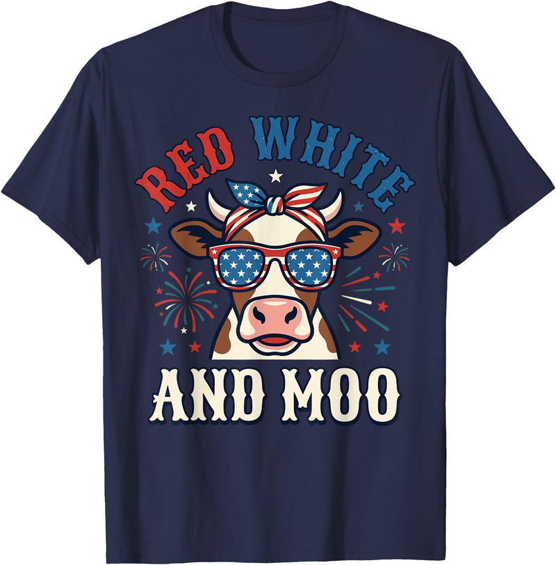Patriotic Farm Cow Independence Day Red White and Moo Patriotic USA Flag Cow 4th of July T-Shirt - Navy Blue