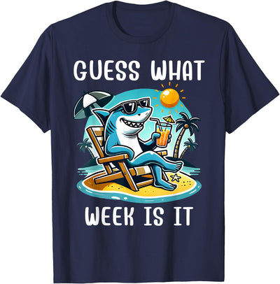 Funny Shark Summer Vacation For Men Women Kids Tee Cool Shark 2025 Week Guess What Week Is It Shark Lover Trip T-Shirt