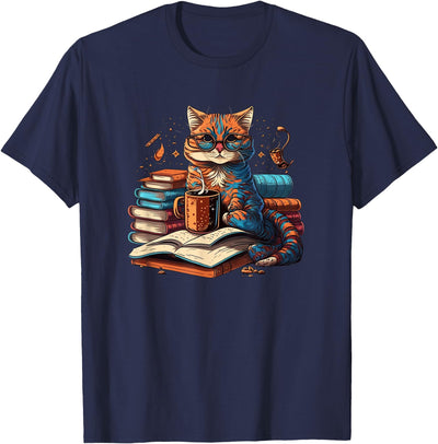 Cat Enjoy Read Books Cat-Themed T-Shirt - Women's Unisex Classic Fit Crew Neck Short Sleeve Black Small