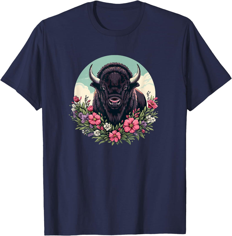Wild Plains Buffalo Bison Gifts T Shirts & Hoodies Womens Girls Old West Retro Vintage Floral Buffalo Lover T-Shirt - Navy