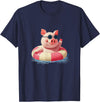 Vacation Pig Outfit Pig Sunglasses Graphic with Beach Ring T-Shirt - Navy Blue