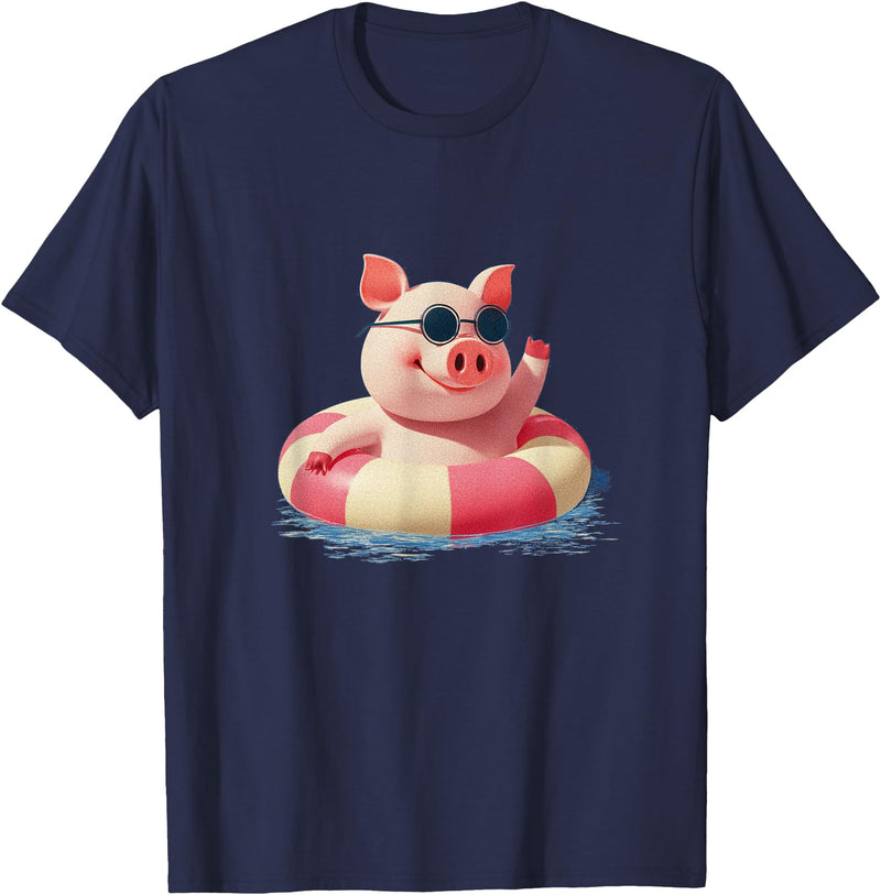 Vacation Pig Outfit Pig Sunglasses Graphic with Beach Ring T-Shirt - Navy Blue