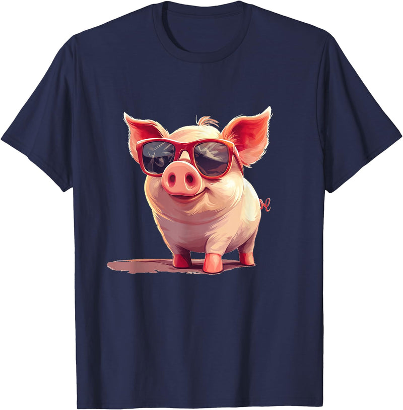 Funny Piggy Pig Sunglasses Piggy Costume for bespectacled Pigs Lovers T-Shirt - Navy Blue