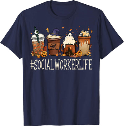 TeeaxArt Coffee Halloween Gifts & Apparel Social Worker Horror Fall Coffee Halloween Pumpkin Autumn T-Shirt