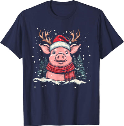 Pig Reindeer Santa Hat Christmas Xmas T-Shirt