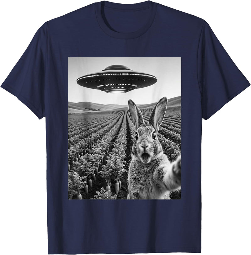 Rabbit Selfie with Alien UFO Funny Rabbit Lover Men Women T-Shirt in Navy Blue