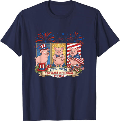 1776-2026 Proud 250th Freedom 4th July Three Cute Pigs T-Shirt