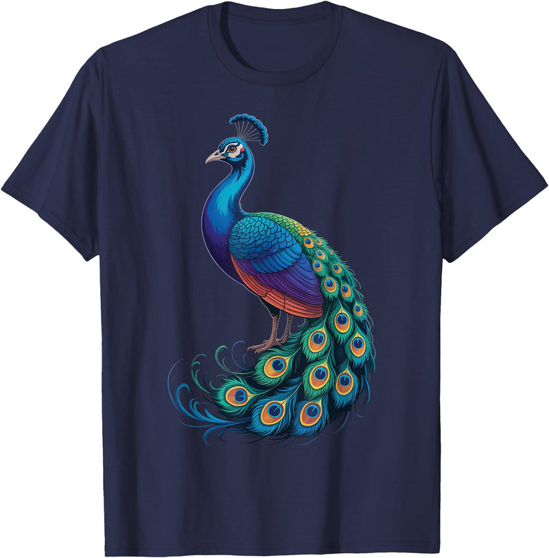 Peacock Peafowl Colorful Bird Peacock Illustration T-Shirt - Navy Blue