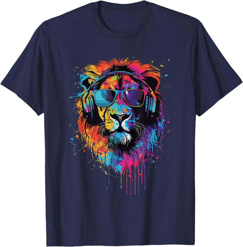 Lion Sunglasses Headphones Design Lion Sunglasses Headphones T-Shirt - Navy Blue