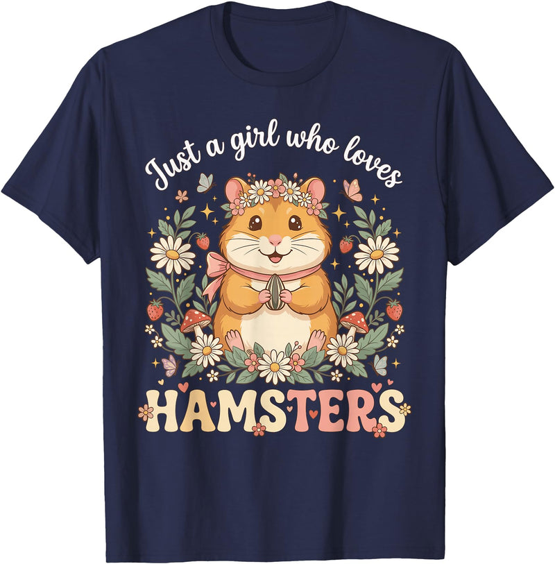 Just a Girl Who Loves Hamsters Cute Floral Pet Aesthetic T-Shirt - Navy Blue