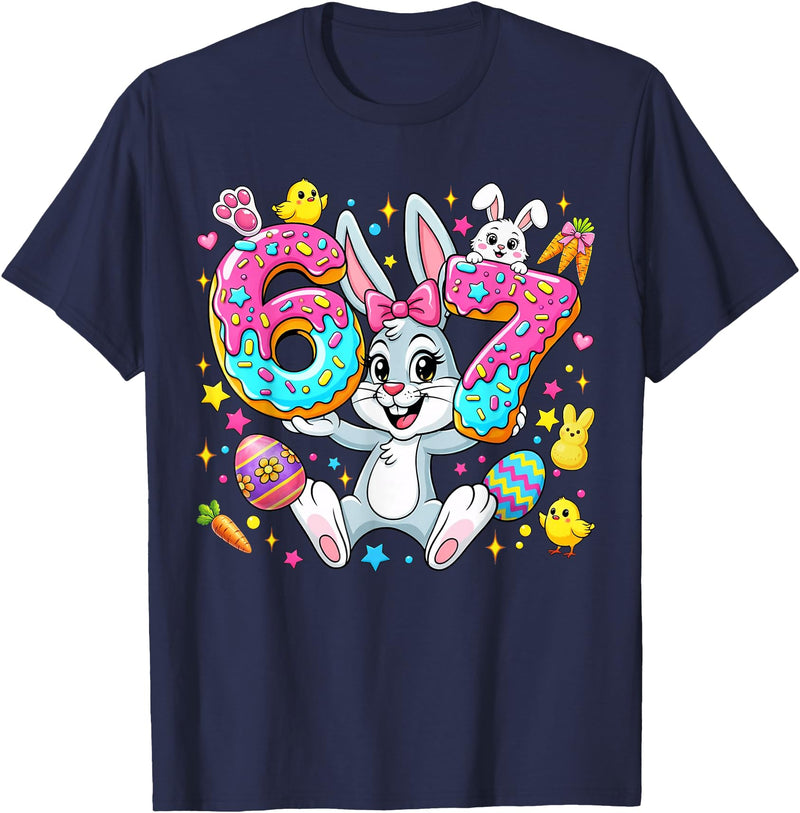 67 Six Seven Meme 6 7 Cute Rabbit Bunny Easter Day Girl Kids T-Shirt in Navy Blue