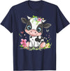 Colorful Cow Art I Cartoon Cow Cute Cow With Flowers I Kids Cow T-Shirt - Navy Blue