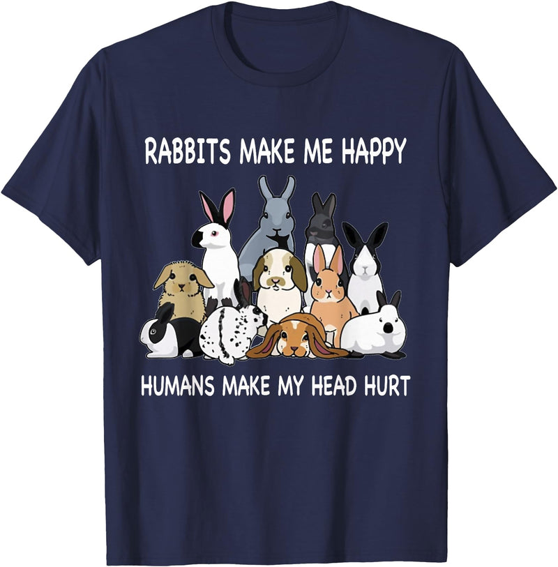 Rabbits Make Me Happy Humans Make My Head Hurt Funny T-Shirt in Navy Blue