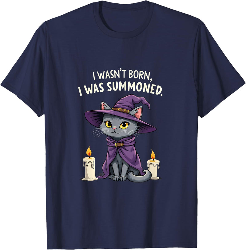 Halloween Cat With Purple Witch Hat Summoned I Wasn't Born I Was Summoned Halloween Black Cat T-Shirt - Navy Blue
