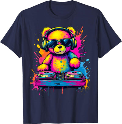 Colorful DJ Teddy Bear -Kids, Black, Small, Long Sleeve, Classic Fit Long Sleeve Shirt