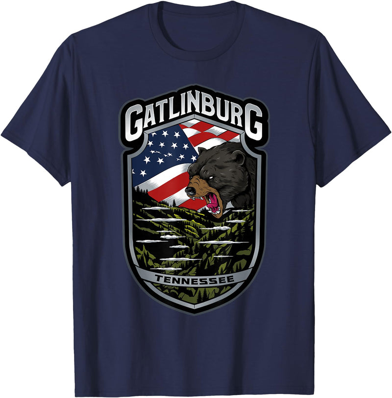 Great Smoky Mountains National Park Souvenirs Gatlinburg Tennessee Souvenirs Bears Gifts TN American Flag T-Shirt - Navy Blue