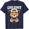 Christian Hip Hop Hustle Praying Teddy Bear Design God First Hip Hop Teddy Bear Cross Christian Streetwear Pray T-Shirt - Navy Blue