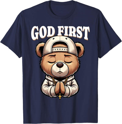 God First Hip Hop Teddy Bear Cross Christian Streetwear Pray T-Shirt